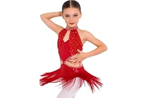 Freebily Latin Dance Klänning Flickor Klassisk Modern Jazz Klänning med Tofs Strass och Paljetter Konståkning Klänning Dansdr