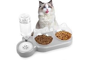TNOMSNO 3 en 1 Comedero para Gato con Bebedero Doble - Cuenco de Alimentación 15° Inclinación Ajustable (Gris)