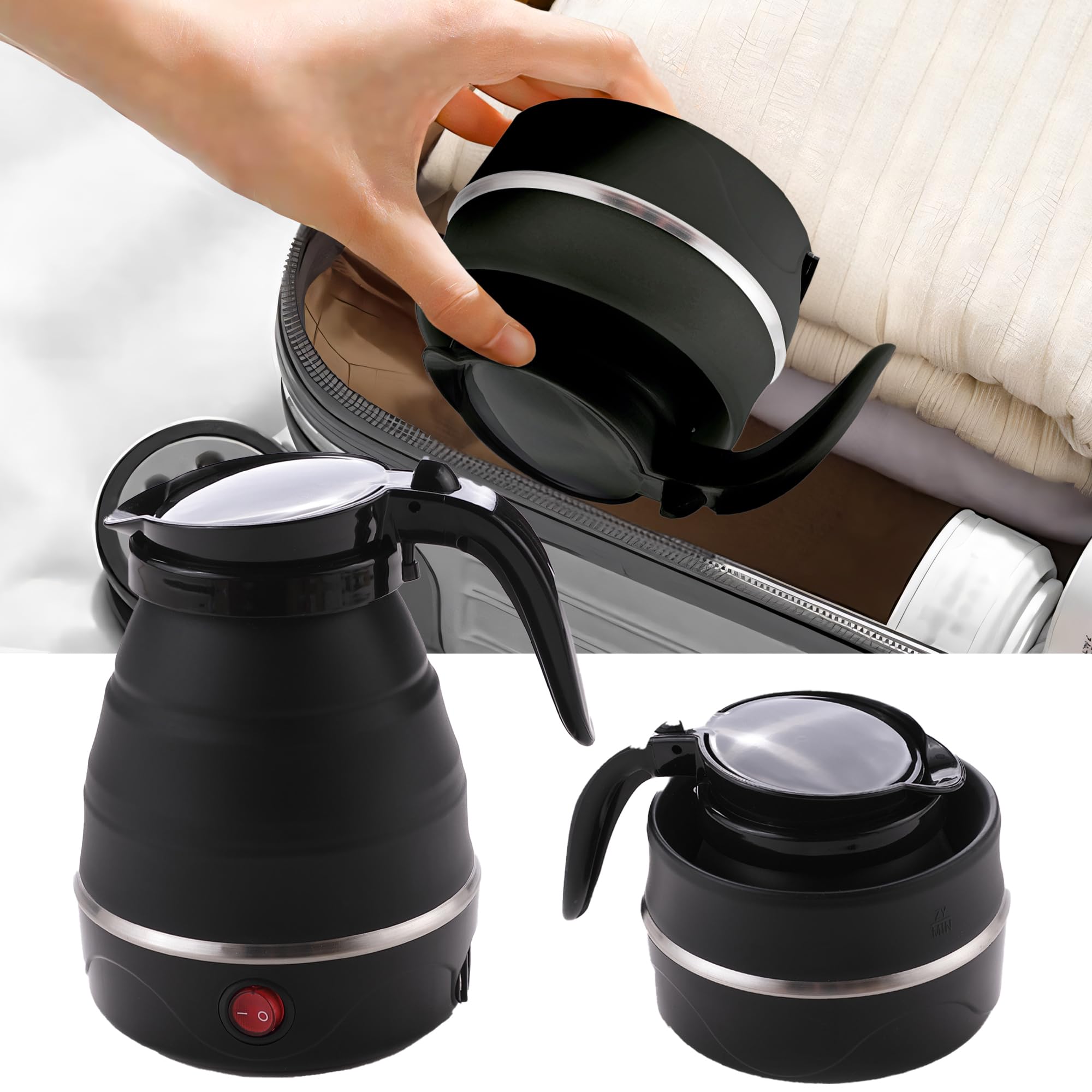 FUMATO Portable Kettle for Travel 600ml | Portable Electric Kettle for Hot Water- Stainless Steel Base, Food Grade Silicone Body & Leak-Proof Design | 600W Portable Electric Kettle for Travel- Black