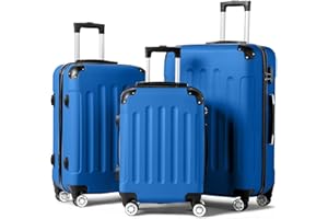 LEADZM Set de 3 Valises de Voyage (Grande Taille & Cabine), Lot de 3 Valises avec roulettes 360°, Coque Rigide ABS avec Coins Renforcés (Style 1, Bleu foncé)