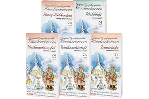 KALADIA Knox Räucherkerzen 5er Set - Original Räucherkerzen nach erzgebirgischer Tradition gefertigt - Waldduft, Honig-Lebkuchen, Weihnachtsapfel, Weihnachtsduft, Zimtrinde - Made in Germany
