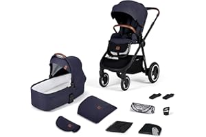 Kinderkraft EVERYDAY Kinderwagen 2 in 1 Komplettset bis 27 kg, XL-Babywanne mit Matratze, wasserfesten Material mit UPF50+, 4-Reifen Federung, Wickeltasche Fußsack Adapter im set, Dunkelblau