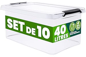 Deuba® 10x Boîte de rangement 40L en plastique transparent empilable sans BPA gain de place caisse de rangement organiseur