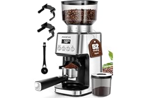 Aigostar Macina Caffe' Elettrico a Cono, 52 Impostazioni di Macinatura, Macinacaffè Elettrico per Caffè Espresso, Macina Caffè Professionale con Display Digitale Preciso, Acciaio Inossidabile, Argento