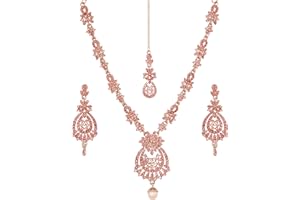 Touchstone Indian Bollywood Floral Inspired Rhinestones Designer Bridal Jewelry Necklace Set for Women in Antique Gold Tone.