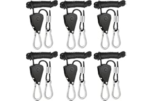 WHENZOO 6 Pack Heavy Duty Ratchet Hangers, 1/8 Inch Adjustable Rope Metal Ratchet with Hook, 4 mm Cord Tent Guy Ropes, 2.4 m Guy Ropesfor Awning Grow Light RopeHangers for Plant Fan, Lift Lanyard LEDRope