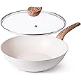 nuovva Induction Non Stick Wok Pan – Deep Stir Fry Pan with Glass Lid – 28cm Cream Frying Pan with Induction Base