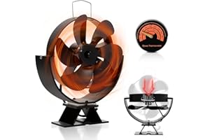 Ansobea Ventilateur de poêle à 6 pales fonctionnement silencieux avec thermomètre Ventilateur de cheminée alimenté par la chaleur pour poêles à bois cheminées poêles à granulés Angle réglable