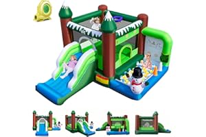 GOPLUS Château Gonflable Enfants, Toboggan, Fosse à balles, Panier de Basket-Ball, Trous de Lancement, Lancer d'anneaux, Décoration Bonhomme de Neige, souffleur 680W, intérieur/extérieur