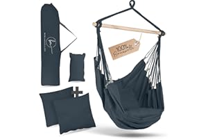 ‎BM BELLAMATILDA BELLAMATILDA® HÄNGESESSEL 100% Baumwolle | breites Tuch und 3 Kissen | Hängestuhl Outdoor & Indoor | XXL Hängesitz für Erwachsene & Kinder bis 150 kg (120_x_160_cm, Ocean Gray)
