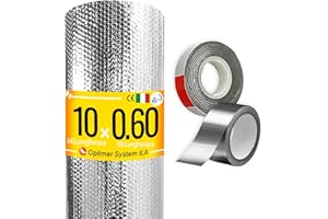 Optimer System - Pannelli Isolanti Termici per Interni ed è per Casa, Stanza, Pavimento, Soffitto - Isolamento Termico e Ignifugo - 10x0.60m - Include Nastro di Alluminio e Nastro Adesivo Biadesivo