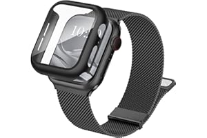 Raradev 3-in-1 Compatible with Apple Watch Metal Straps 46mm with Case & Screen Protector, Dual Magnetic Replacement Band and Protective Cover with 9H Tempered Glass for iWatch Series 10, Black