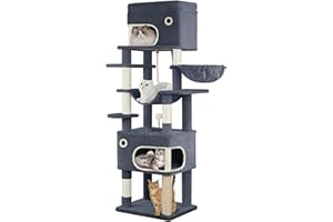 Hzuaneri Arbre à Chat, Tour de Jeux pour Chats de 178 cm avec Grande Plateforme, 2 Niches, 7 Griffoirs, Pompons, Paniers, Hamac, Convient aux Chats de Toutes Tailles, Gris Foncé MS17818SG