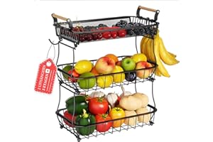 aichilra Cesta de frutas de 3 niveles con 2 plátanos, gran capacidad, cesta de malla de metal para pan, aperitivos, verduras