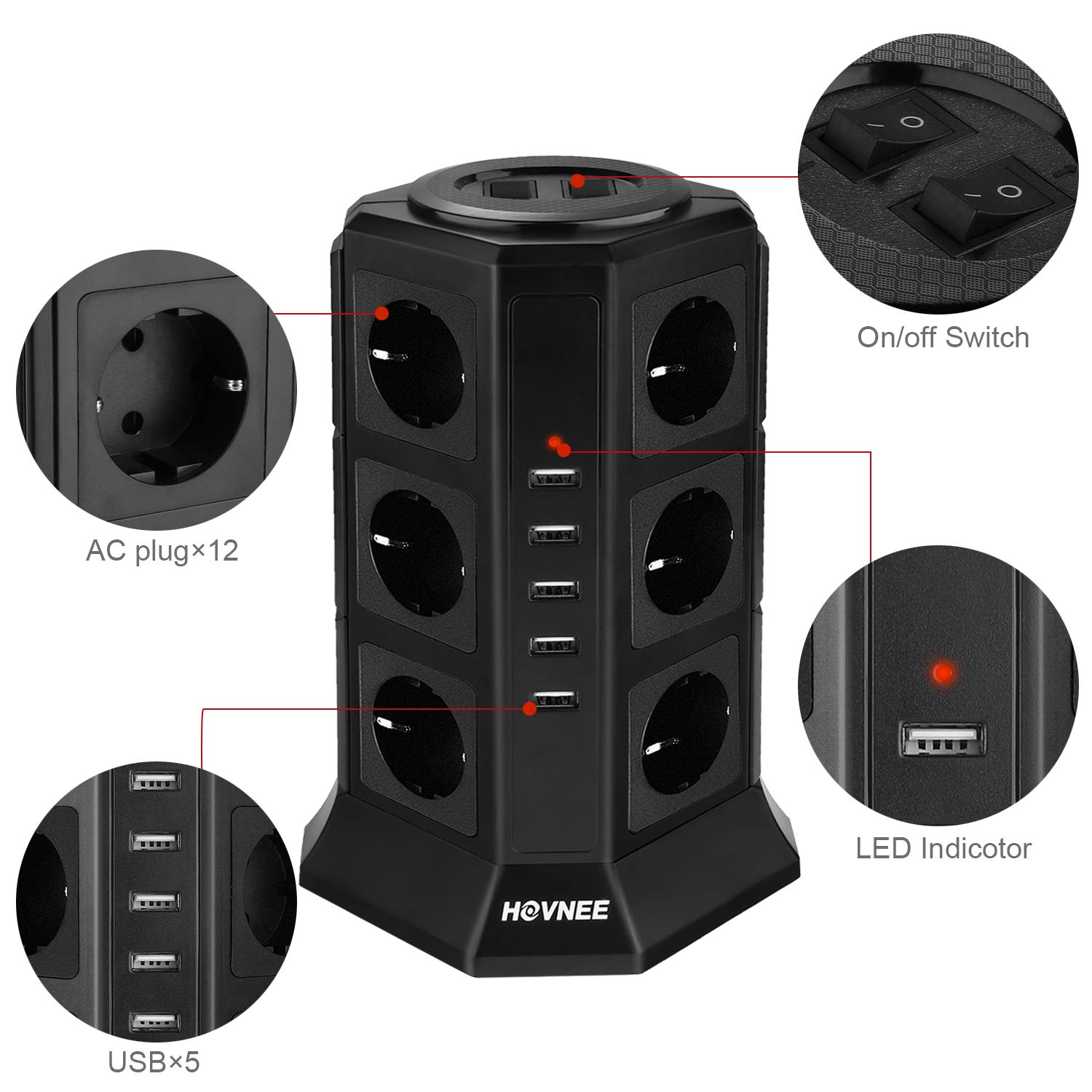Multipresa Verticale, HOVNEE Torretta Multipresa Ciabatta 12 Prese Con 5 Slot USB 2500W 10A per Smart Phone, Tablet… - immagine 4