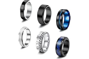 LOLIAS 6 Pcs Anneaux En Acier Inoxydable Pour Hommes Chaîne Torsadée Anneaux Ouvre-Bière Anneaux Ensemble Rotatif Vintage Hommes Noir Argent Mariage Promesse Bande Bague Taille 54-67