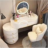 Romyqpipy Modern Dressing Table with Mirror with LED Lights and Stool, White Marble Effect Makeup Table with 3 Drawers Cabine