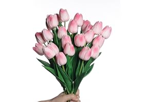 Anaoo 24 Pezzi Tulipani Fiori Artificiali Finti in Lattice Realistico Bouquet Decorazione per Nozze, Composizioni Floreali, Feste, Natale, Matrimoni, Casa, Ufficio, Effetto, Rosa Chiaro