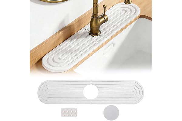 Stone Faucet Mat, 40 × 10 cm vattenkran absorberande matta, vit kran droppmatta kiselgur, droppmatta diskbänk vattenkran stänkskydd, inklusive slippapper och gummikuddar, för kök