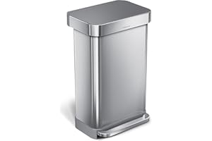 simplehuman CW2080 45L prostokątny kosz na pedał kuchenny z kieszenią wkładową, ciche miękkie zamknięcie, mocny pedał, pokrywka odporna na wgniecenia, szczotkowana stal nierdzewna z szarą plastikową pokrywką, szer. 40,5 cm x wys. 65,5 cm x gł. 33,8 cm