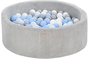 VELINDA Piscine à balles ronde en velours côtelé avec 200 balles 90 cm (Couleur de la piscine/de balles: gris/blanc, gris, bleu clair, bleu (pastel))