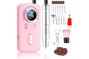 PKBD 45000RPM Professional Portable Nail Drill Machine for Gel Nails, Rechargeable Electric Nail Files Set with 11 bits and LCD Display, Pink