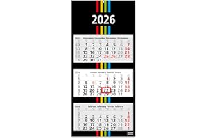 GEIGER-NOTES Geiger-Office 3-Month Calendar 2026 Black + Stripes - Wall Calendar 33 x 70 cm Large Format - Office Calendar with 3 Perforated Calendar Blocks and Metal Eyelet - Made in Germany