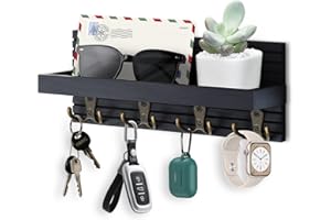 Votoko Porte Clef en Bois avec Étagère, Porte-Clés Mural avec Étagère et 4 Crochets, Décoration Support Clef Mural pour Salon, Salle de Bain, Cuisine, Rangement Des Clés et Courrier à L'entrée, Noir