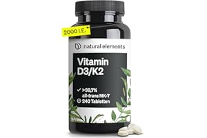Vitamin D3 + K2 – > 99,7% all-trans MK-7 & 2000 IE Vitamin D3 – 240 Tabletten – hochdosiert, optimal bioverfügbar – ohne unnö