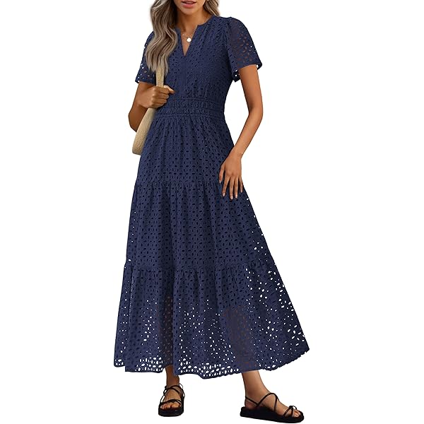 Mud Pie Women's Conny Eyelet Maxi Dress - Cotton Poplin With Flutter Sleeves, Flounce Hem, Navy