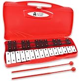 A-Star Glockenspiel Chromatic 25 Notes with Case and Drumsticks | Metal Key Xylophone, 2 Octaves G5-G7, Marked Notes; Red Cas