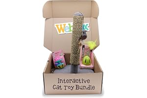 Webbox Interactive Cat Toy Bundle Box (3 Pack) - Feather Wand, Jingle Ball & Scratch Post for Indoor Adult Cats & Kittens