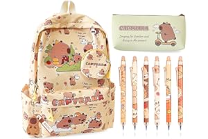 VEXTHORION Capybara Backpack School Bag with Stationery 9pcs Set, Cartoon Large Capacity Kids Rucksack Animal Bookbag, Capybara Clear Pencil Case, Erasable Pen & Keyring Gift Yellow Rack Bicycle Accessories