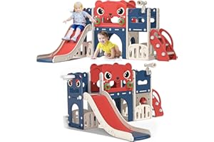 LEFLUFFY 9-in-1 Toddler Slide with Climbing Ladder, Tunnel and Basketball Hoop, Indoor Outdoor Garden Slide Set for Kids, Children's Playground Toy, Montessori Play Equipment(Red-blue Little Devils)