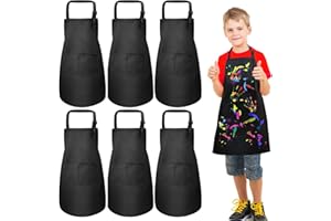 umboom 6 Piezas Delantales Negro para Niños, Delantal de Cocina para Niñas, Ajustable Infantil Delantal con 2 Bolsillos, Escuela Delantales para Pintar, Hornear, Cocinar, Manualidades, Jardín
