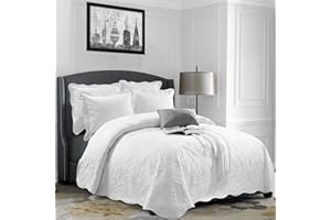 AMEHA Super King Bedspread Quilted Throw Embossed Pattern Quilt Coverlet Comforter Set, 3 Pieces Bedding Set With Reversible Bedspreads + Two Pillow Shams (Super King, CBS White)