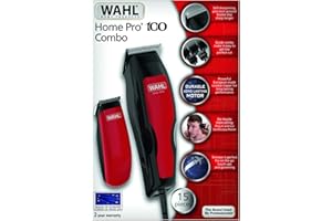WAHL Home Pro 100 Combo tondeuse cheveux puissante fabriquée en Europe, filaire. Lame auto-affutée de qualité, ne tire pas les cheveux. Kit complet. 8 sabots, mini tondeuse de finition incluse.