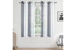 ‎MRTREES MRTREES Voile Gardinen Kurz Vorhang Halbtransparent Streifen Stores Schals mit Ösenschal Moderner Wohnstil Weiß+Grau 145×140cm (H×B) für Dekoration Kinderzimmer Wohnzimmer Schlafzimmer 2er-Set