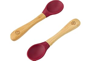bamboo bamboo ® Baby Weaning Spoons Set of 2 | Bamboo with Soft Silicone Tips | Ergonomic Easy Grip Handles | BPA-Free (Set of 2, Cherry)