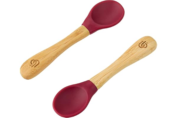 bamboo bamboo ® Lot de 2 Cuillères de Diversification pour Bébé | Bambou avec Embouts en Silicone Souple | Manches Ergonomiques à Prise Facile | Sans BPA (Lot de 2, Cerise)