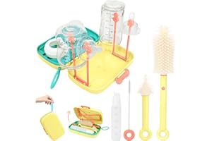 LINGXIACE Baby Bottle Brush Set，Baby Travel Essentials，with Drying Rack，Silicone Bottle Brush, Nipple Brush, Straw Brush, Soap Dispenser and Storage Case，Mam Bottle Brush (Yellow)