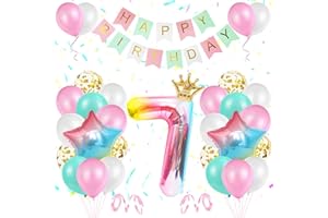 Decoración de Cumpleaños 7 Año Rosa, TOLOYE Decoración Cumpleaños Niña 7 año, Globos de Cumpleaños Niña con pancarta de Happy Birthday Globos Confeti Aluminio para Niña Niño