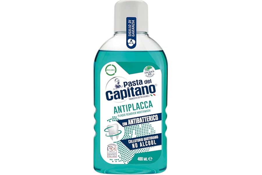 Pasta del Capitano, Antiplaque Mouthwash, Alcohol-free Daily Mouthwash, Exerts an Effective Antiplaque Action, with Antibacterial, 100% Made in Italy, 400 ml Bottle