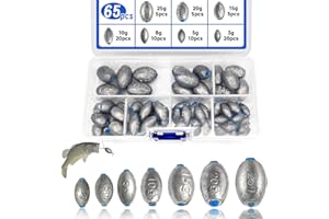 XSHAO® 65 Pièces Plomb de Pêche Poids, Plombs Olive de Pêche 3g/ 5g/ 8g/ 10g/ 15g/ 20g/ 25g avec Boîte de Rangement pour la Pêche en Mer, Les Poissons d'eau Profonde et d'eau Douce