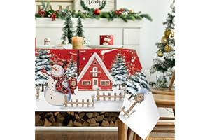 FRIGG Tischdecke Weihnachten Rot 140x180cm, Polyester Tischdecke Abwaschbar, Winter Weihnachtstischdecke Groß mit Yeti Weihnachtsbaum Schneeflocke Modern Deko Weihnachtsdeko Innen