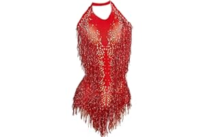LuuMingCM Sparkly Rhinestones Fringes Leotard Women Nightclub Party Outfit Dance Costume One-Piece Stage Wear Sexy Performance Bodysuit