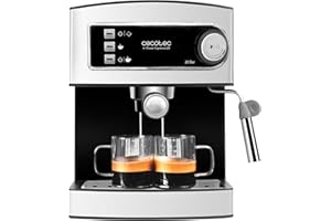 Cecotec Cafetera Express para Espresso y Cappuccino Power Espresso 20. 850W, 20 Bares, 2 Tazas, Vaporizador, 1.5L, Brazo Doble, Calientatazas, Bandeja Goteo, Indicadores Luminosos, Seguridad