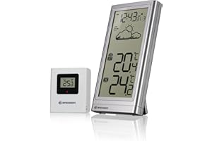 Bresser Station météo sans fil avec capteur extérieur Meteo Temp, thermomètre avec affichage de la température pour l'intérieur et l'extérieur, prévisions météorologiques, avec pied pliable et support