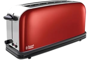 Russell Hobbs Tostadora Colours Plus - 1 Ranura Larga y Ancha, Tostador para 2 Rebanadas, Bandeja Recogemigas, Calientapanecillos, Función Cancelar y Descongelar, Acero Inoxidable, Rojo - 21391-56