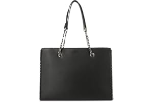 DOUBLE TREE Sac à Main Femmes Chaîne Perle Bille Clou - Cours Grand Format A4 Lycée - Cabas Shopping Fourre-Tout Taille XL - Porté Epaule Ville Similicuir PU - Chic Tendance - Noir Saffiano Rigide